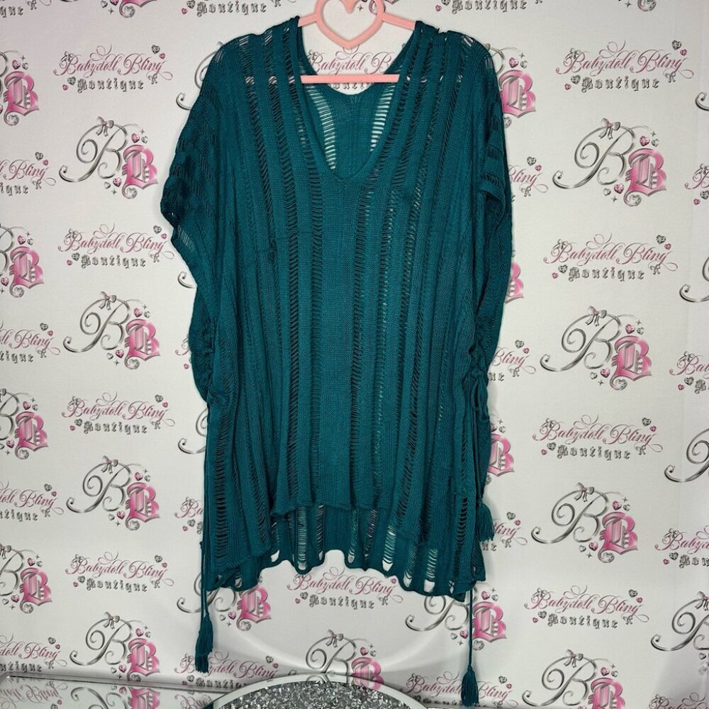 Dress boho knitted blue tassels lace up sides poncho bag wing style coverup